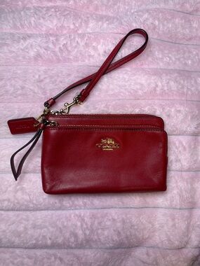 Coach Red Leather Double-Zip Wristlet with Gold Hardware